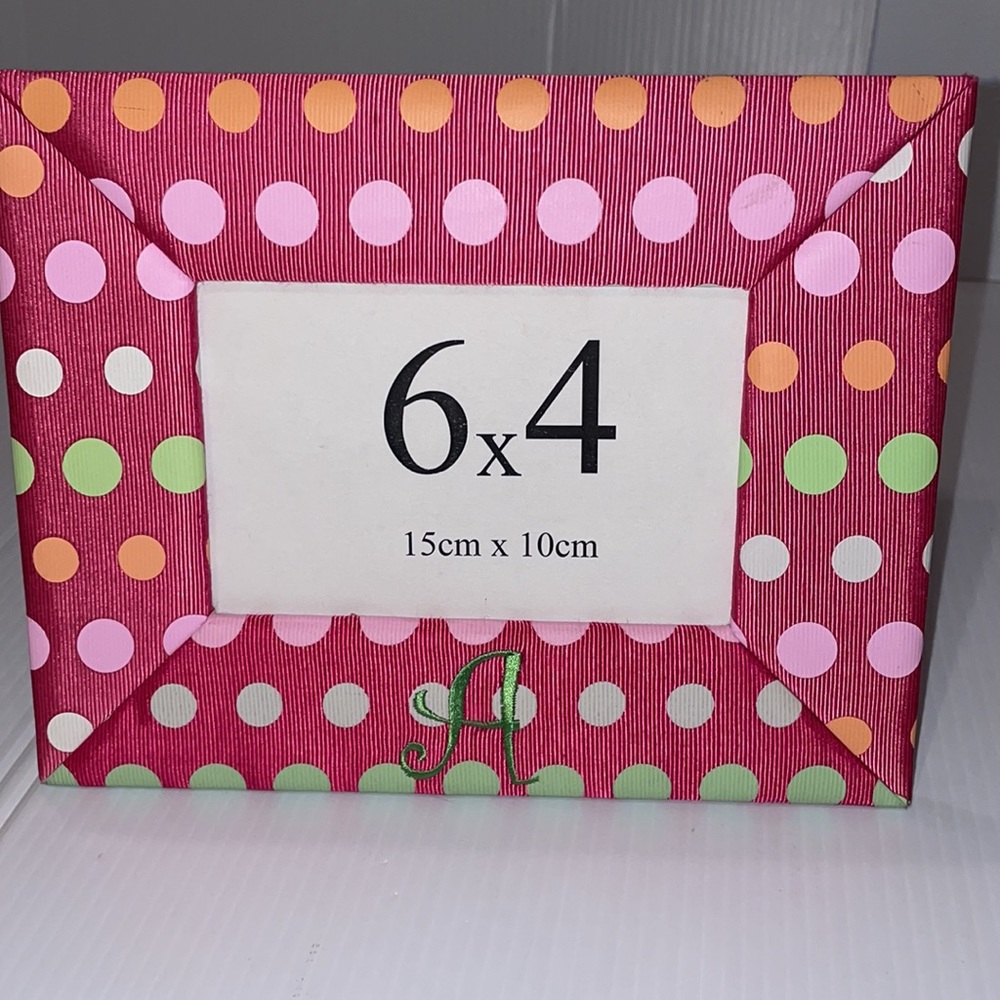 New 6 X 4 “A” monogram pink w/ polka Dots Material Picture Frame